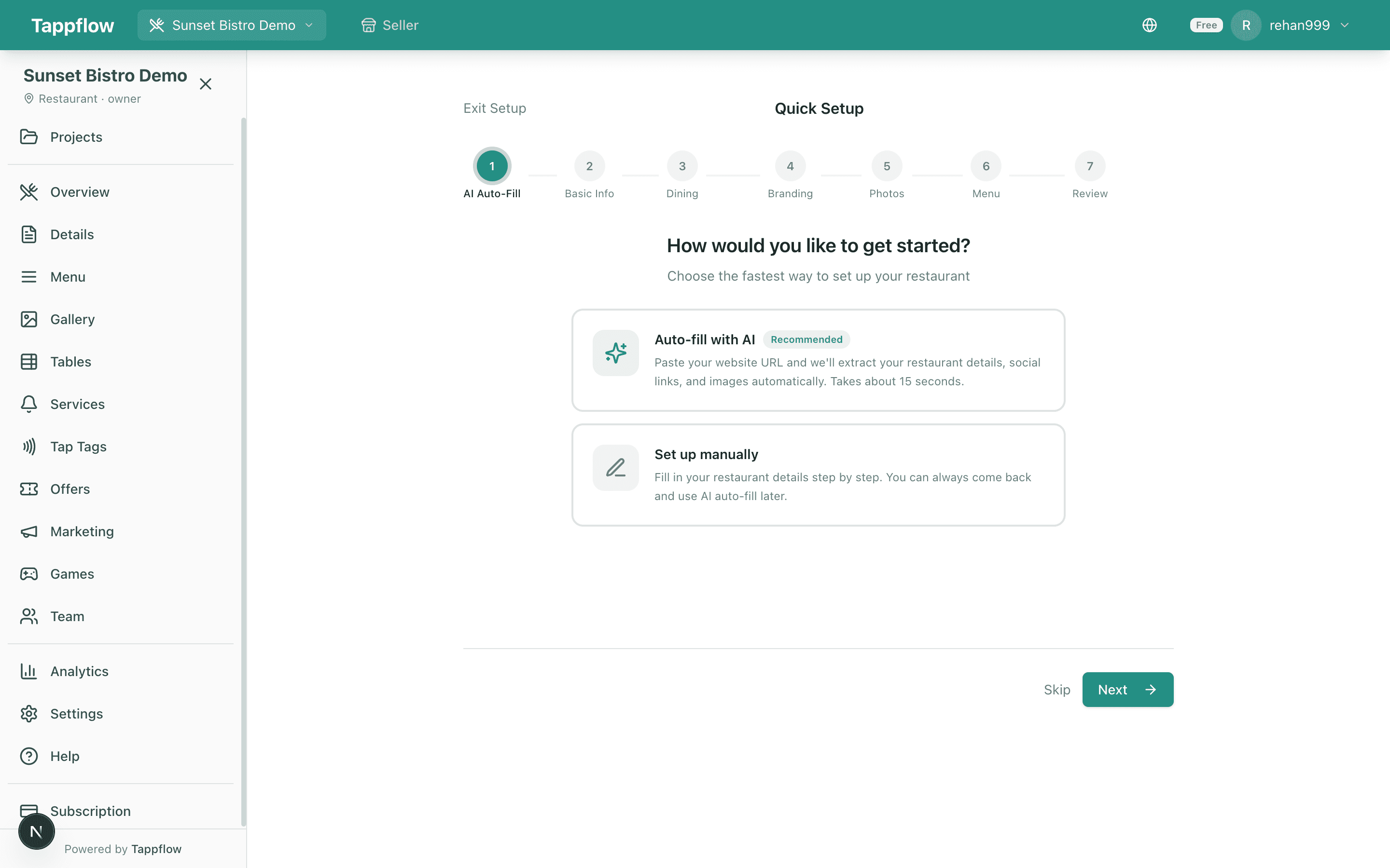 Tappflow Quick Setup wizard with AI autofill from an existing website