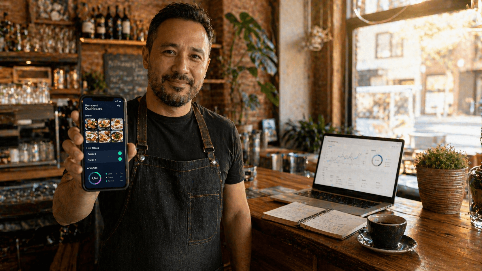 Tappflow restaurant dashboard showing live tables, menu grid, and analytics